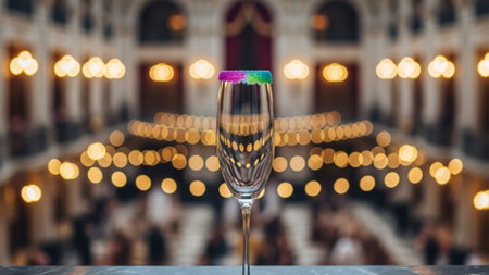 A cinematic environmental wide shot, 16:9 ratio, capturing an empty crystal champagne flute positionの素材