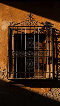 A vertical, tall 9:16 cinematic shot of an antique, decorative iron window guard casting extremely lの素材