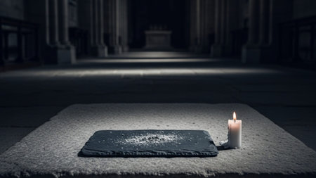 A cinematic, ultra-wide (16:9) environmental shot of a small Lenten arrangement within the vast, echの素材