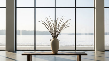 An environmental, cinematic wide shot (16:9) capturing a minimalist high-end interior space. A simplの素材