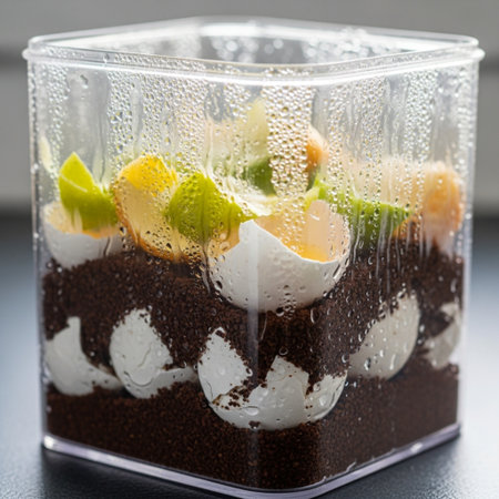 Square composition, extreme close-up focusing intensely on the layered texture inside a clear plastiの素材