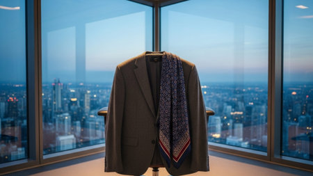 A cinematic wide shot (16:9) of a sophisticated, high-end executive office at twilight. In the middlの素材