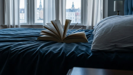 A cinematic, ultra-wide 16:9 environmental shot of an upscale, moody bedroom interior at dawn. The fの素材