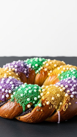 A vertical, tall 9:16 stock photograph showing an entire, unopened King Cake centered on a minimalisの素材
