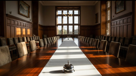 An environmental, cinematic wide shot (16:9) of a magnificent, empty dining hall in a stately manor.の素材