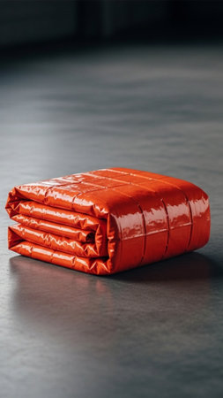 A vertically composed 9:16 shot of a brilliant orange survival blanket, tightly folded into a compacの素材