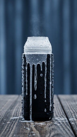 A vertical, centered still life capturing a matte black thermal flask on a rustic wooden table. Theの素材
