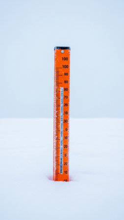 A vertical, tall 9:16 composition featuring a sharp, centralized, bright orange metal snow gauge meaの素材