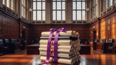 A cinematic wide-angle view (16:9) capturing a stack of rolled university diplomas and professionalの素材