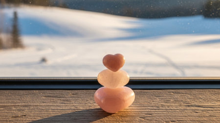 A cinematic ultrawide (16:9) shot featuring a meticulously balanced stack of small, polished heart-sの素材