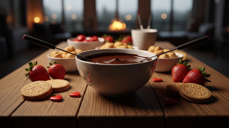 A cinematic wide-angle photograph set in a luxurious, warm interior at dusk, focusing on a small whiの素材