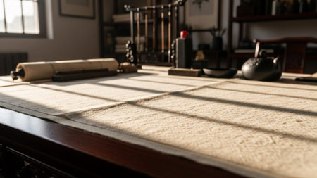 A cinematic, ultra-wide view of an empty, historical Chinese calligraphy workshop (shufang). The focの素材