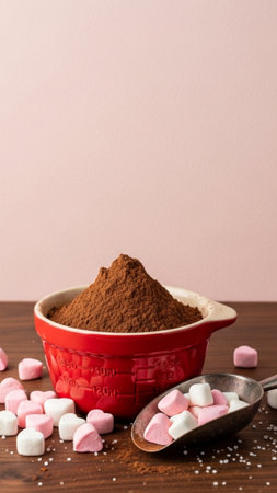 A vertically dominant, cinematic still life featuring hot cocoa preparation ingredients. The wide-anの素材