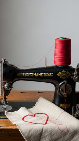 A tall, vertical stock image showing a centered, vintage black sewing machine on a wooden table, empの素材