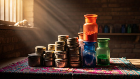 A cinematic ultrawide (16:9) environmental shot of a collection of antique metal tins and repurposedの素材