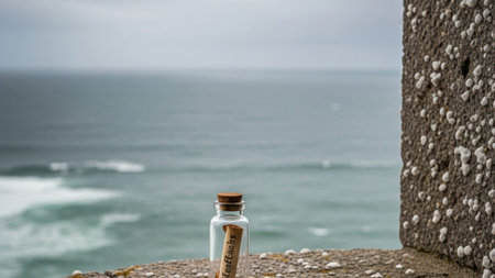 An environmental wide shot (16:9 cinematic ratio) capturing a miniature, corked glass vial holding aの素材