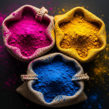 A close-up, flat lay, square composition showcasing three small, open burlap pouches containing extrの素材