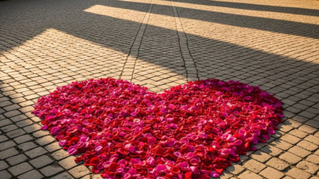 A cinematic, ultra-wide environmental shot of a large heart outline constructed from red and pink roの素材