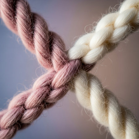 An editorial, high-resolution ultra-macro study of textile texture. Two strands of yarn, pink and whの素材