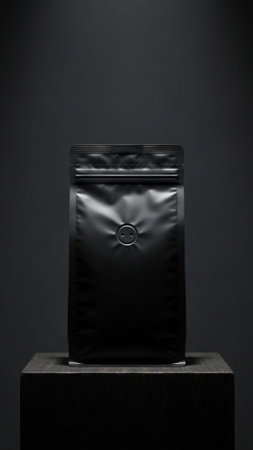 A high-contrast, moody editorial shot of a luxury, whole bean coffee bag presented in a vertical, taの素材