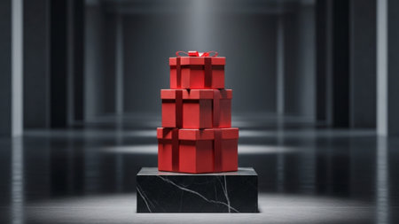 A cinematic environmental wide shot (16:9) capturing a small stack of square red gift boxes centeredの素材