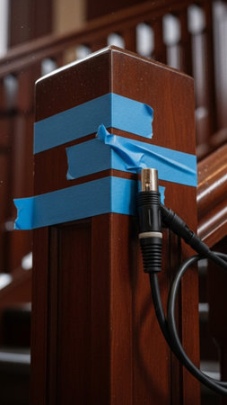 A striking, tall vertical 9:16 image of an improvised home broadcast setup where a heavy-duty XLR miの素材