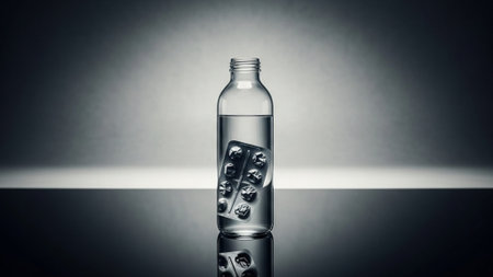 A conceptual, highly dramatic, cinematic ultrawide (16:9) photograph showing a solitary, half-filledの素材