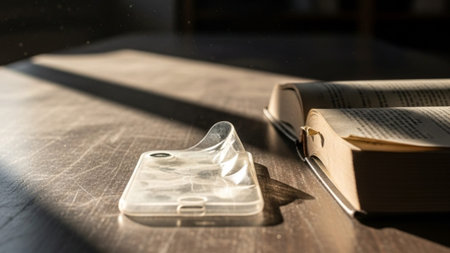 Panoramic, 16:9 cinematic shot of a wide, dusty wooden desk in an isolated study. The scene capturesの素材