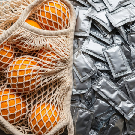 A focused, square (1:1) close-up, top-down view depicting the stark juxtaposition between sustainablの素材