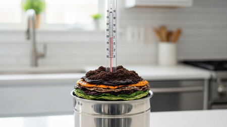 A 16:9 ultra-wide cinematic photograph capturing a stainless steel countertop composting pail on a cの素材