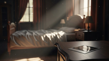 An ultrawide, cinematic environmental photograph capturing a spacious, quiet bedroom setting. The foの素材