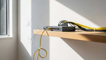 A panoramic 16:9 wide environment shot in a modern, sunlit, open-plan home. The focus is on a small,の素材