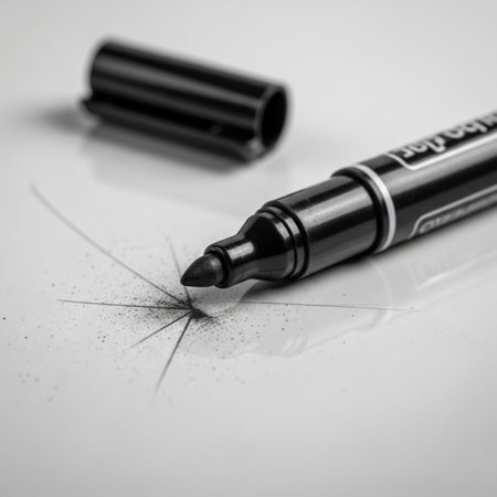 A square, tightly framed close-up focused solely on a black, discarded marker resting on a dry-eraseの素材