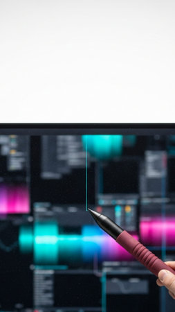 Extreme vertical (9:16) close-up on the intersection of technology and human input. A large, specialの素材