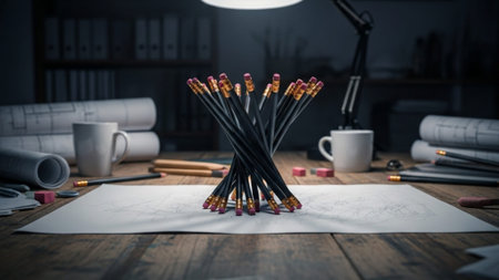 A cinematic ultrawide (16:9) environmental shot capturing the intense focus of a creative marathon.の素材