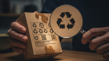 A cinematic ultrawide 16:9 image showing the consumer struggle with sustainability. A pair of handsの素材