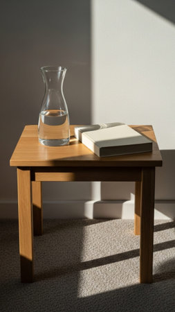 A vertical (9:16) conceptual still life focusing on solitude and daily habit. A minimalist bedside tの素材