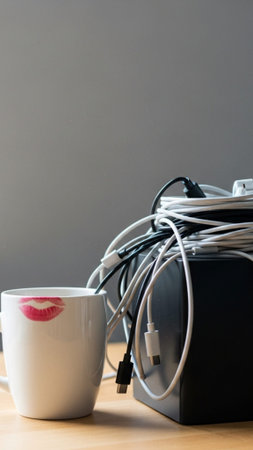 A vertical 9:16 composition emphasizing WFH disorder. A clean white coffee mug with distinct red lipの素材