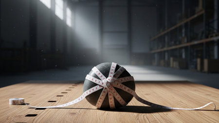 A cinematic ultrawide (16:9) environmental shot of a heavily knotted disposable paper tape measure cの素材