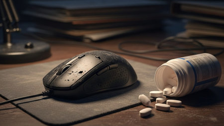 A cinematic ultrawide (16:9) shot showing a heavily used computer mouse with a peeling rubber scrollの素材