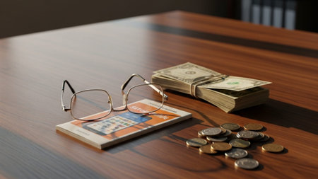 A panoramic 16:9 environmental cinematic wide shot of a modern financial still life set on a dark woの素材