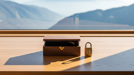 An environmental wide shot (16:9 cinematic aspect ratio) of a minimalist workspace overlooking a misの素材