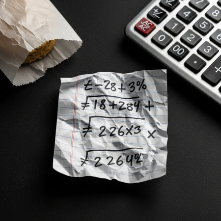 A focused, square close-up showcasing the desperate financial calculations scribbled on a crumpled nの素材