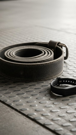A striking vertical photograph (9:16) capturing a heavy-duty, coiled utility belt positioned on an iの素材