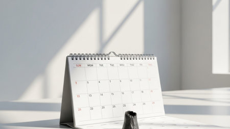 A cinematic environmental wide shot (16:9) of a minimalist, sunlit office desk. The central focus isの素材