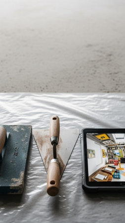 A vertical, tall composition capturing essential tiling tools (trowel, float) and a ruggedized tableの素材