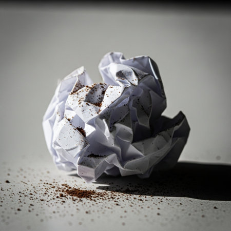 A focused 1:1 square macro shot capturing the intense texture of a tightly crumpled pharmacy receiptの素材