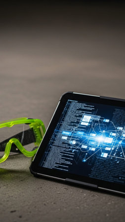 A striking vertical composition featuring a close-up of vibrant neon-cyan safety goggles resting nexの素材