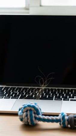A vertical, wide-angle 9:16 shot of a minimalist home office desk. The setup is centered, surroundedの素材