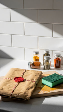 A sharp, vertically composed (9:16) still life showing a brown paper, high-security inter-office envの素材